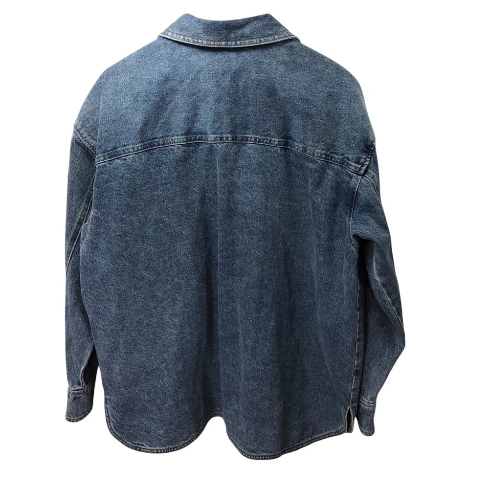 H&M Womens Sz L Denim Jean Shirt Jacket Medium Wash Snap Front Casual Grunge